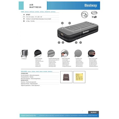 BESTWAY TriTech 191x97x46cm Twin Built-in AC pump, Φουσκωτό Στρώμα Ύπνου Μονό με Εσωτερική Τρόμπα, 67401