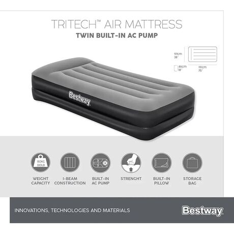 BESTWAY TriTech 191x97x46cm Twin Built-in AC pump, Φουσκωτό Στρώμα Ύπνου Μονό με Εσωτερική Τρόμπα, 67401