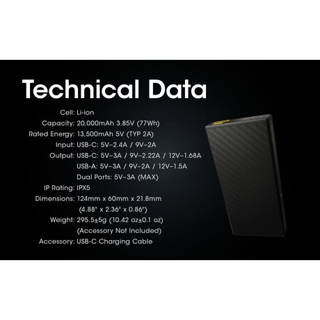 POWER BANK NITECORE CARBO 20000 Carbon Fiber, Fast Charge Output (77Wh)